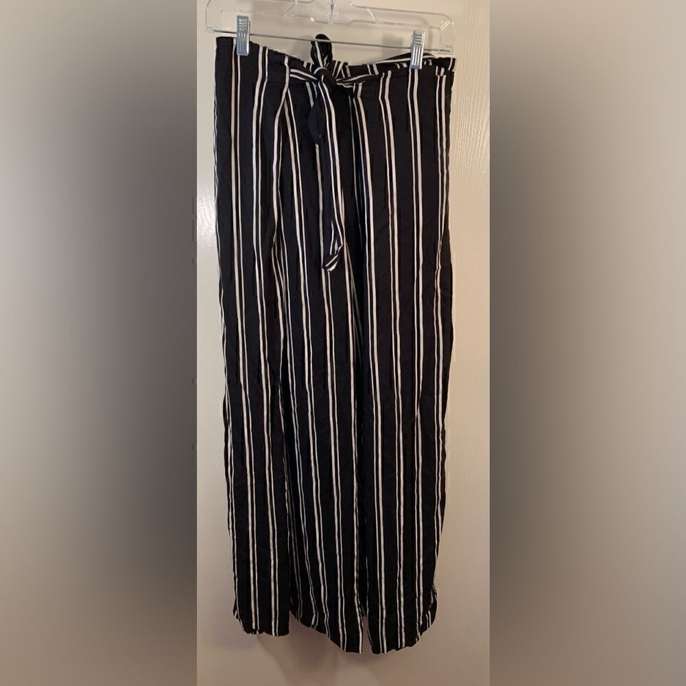 Monki NWOT black/white striped wrap style wide leg pants Size small